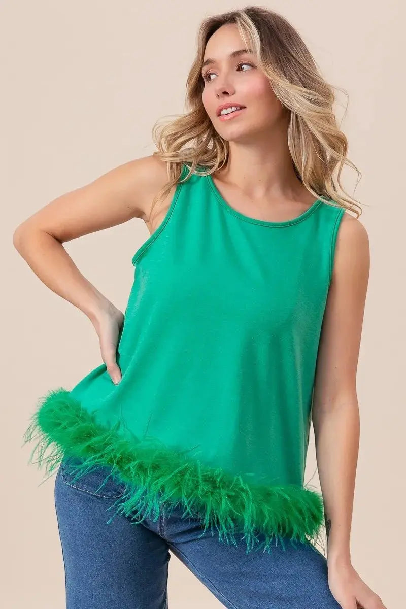 BiBi French Terry Faux Feather Bottom Back Tied Top Fashion - Love Salve